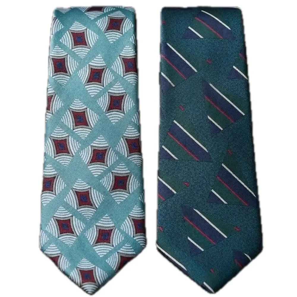 Vintage 80s Abercrombie & Fitch Striped Geometric Blue Green 100% Silk 2 Tie Lot